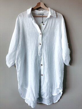 Piaza Italia 100% linen white shirt L XL women's top lightweight